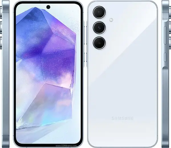 Samsung Galaxy A55 smartphone showcasing its sleek design and vibrant Super AMOLED display.
